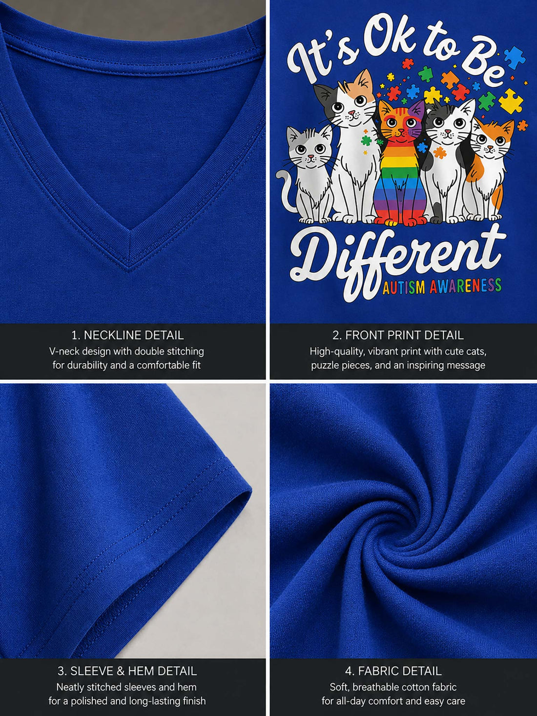A royal blue V-neck t-shirt featuring an autism awareness graphic with six cats in front of a rainbow and puzzle-piece design, paired with distressed denim jeans on a hanger against a gray background.