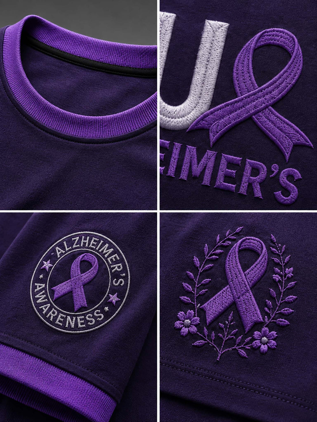 A dark purple short-sleeve t-shirt with a purple and white graphic design on the front reading 'FUL ALZHEIMER'S' with a purple ribbon, and additional text on the sleeves, shown against a neutral gray background.