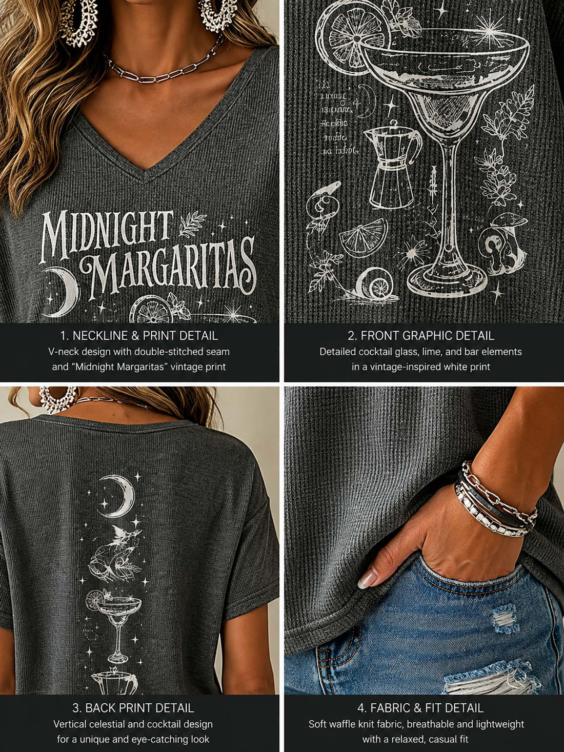 A woman wearing a dark gray heather V-neck t-shirt with a white 'Midnight Margaritas' graphic print on the front, shown in a multi-view collage including front, back, and side details.