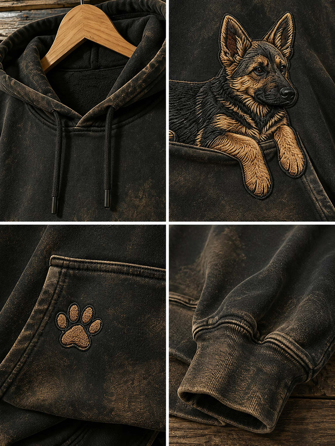 A dark brown acid-wash hoodie with a German Shepherd graphic printed on the front, styled on a wooden hanger over blue denim jeans against a rustic wooden plank background.
