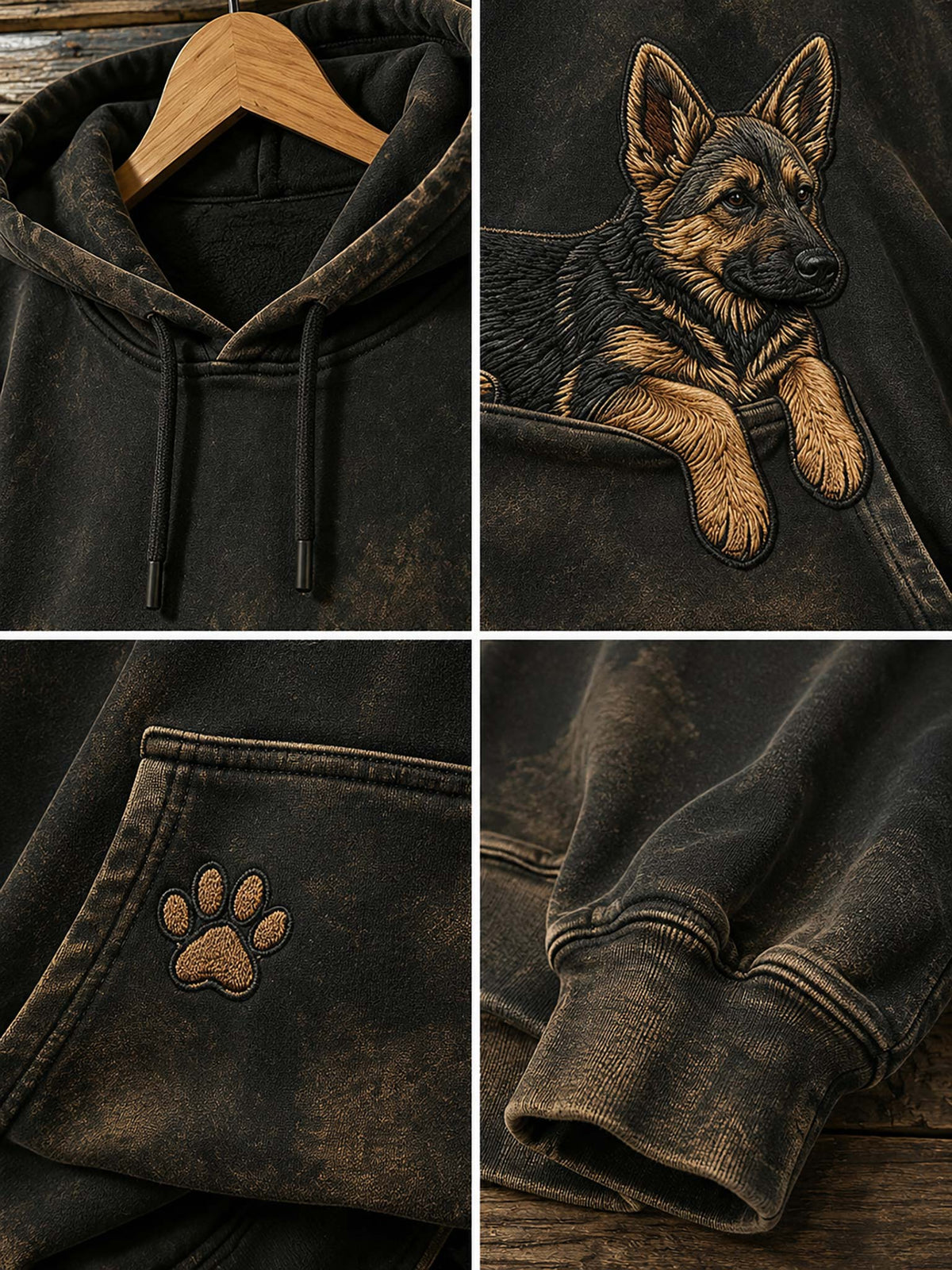 A dark washed hoodie shown in a four-panel collage, featuring a wooden hanger, a detailed embroidered German Shepherd dog design on the chest, a matching paw-print patch on the pocket, and a close-up of the ribbed cuff.