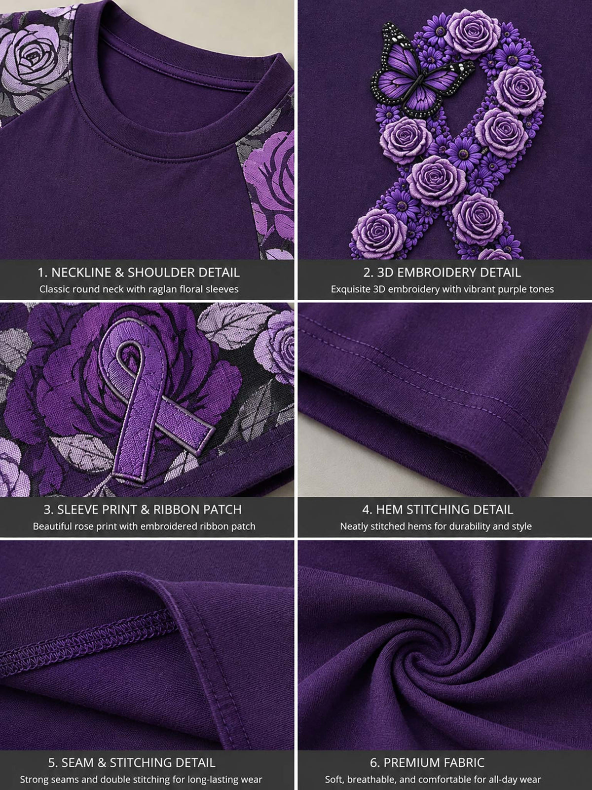 A six-panel close-up collage showing details of a purple short-sleeve T-shirt. The panels highlight the neckline and shoulder with a floral print, 3D embroidered rose and ribbon motifs, sleeve print and ribbon patch embroidery, hem stitching, seam stitching, and premium fabric texture.