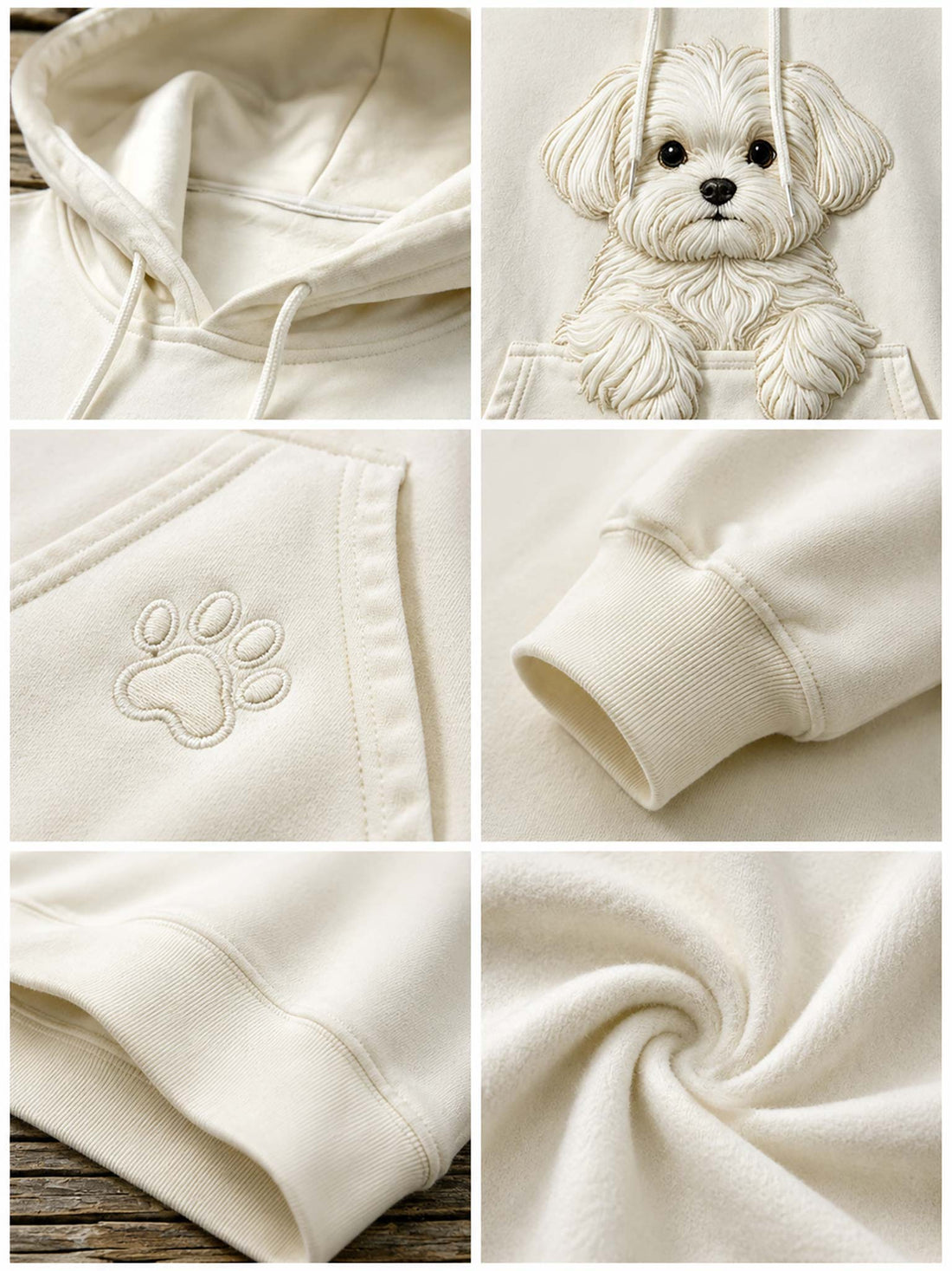 Cream-colored hoodie with a 3D-effect embroidered dog design on the front, styled with denim shorts on a wooden hanger against a rustic wood plank background.