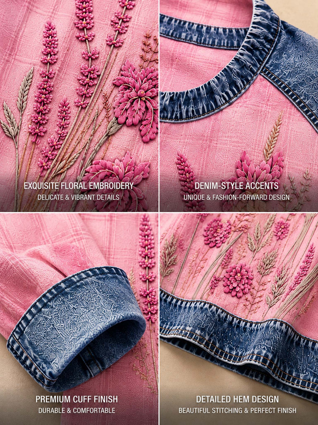 A woman wearing a pink long-sleeve top with blue denim shoulder panels and cuffs, featuring embroidered pink and green wildflower patterns on the front.