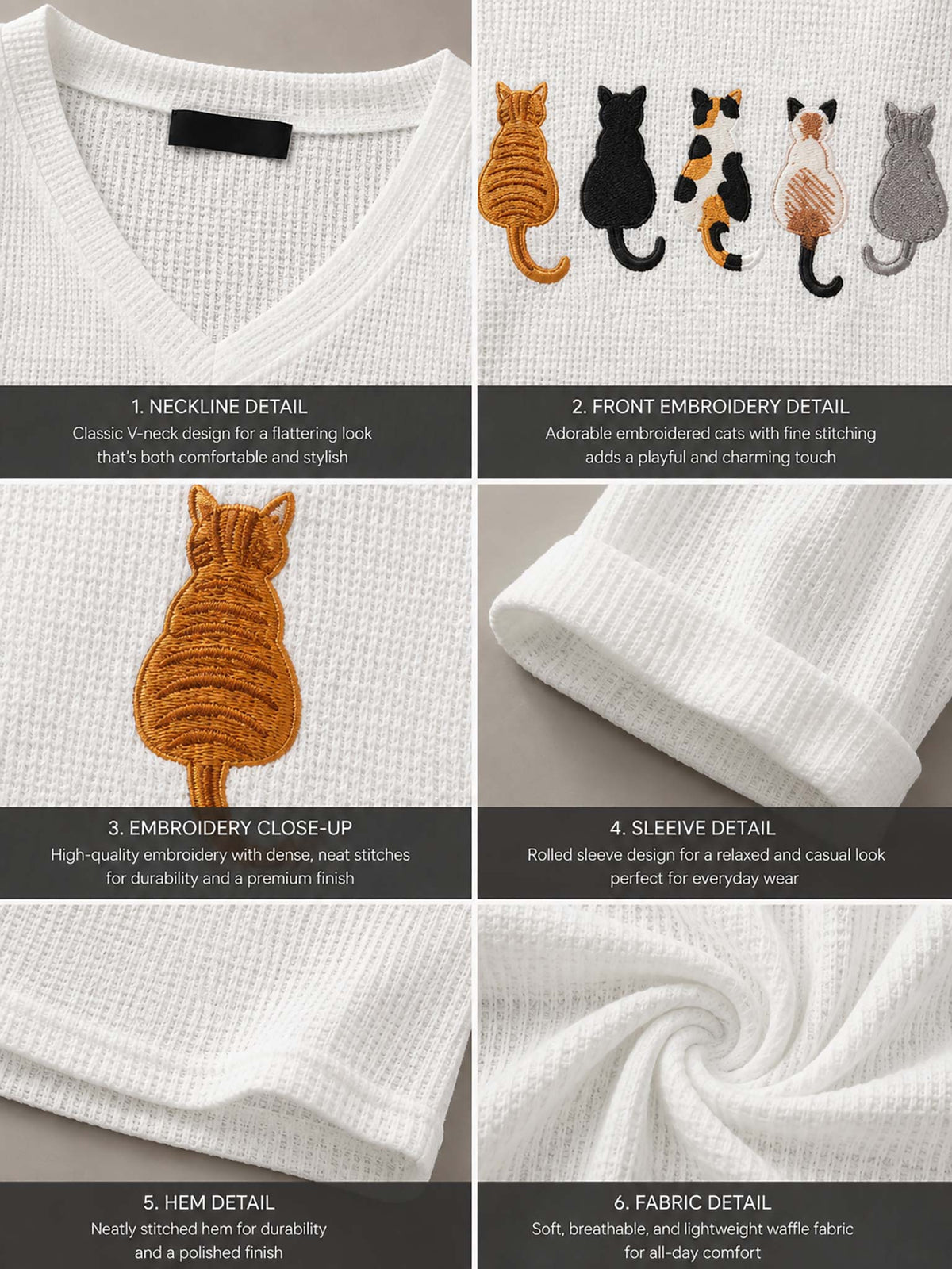 A six-panel product detail collage showing a white waffle knit V-neck sweater. The panels highlight the neckline, front embroidery featuring embroidered cats, a close-up of the orange cat embroidery, the rolled sleeve, the hem, and the soft textured fabric.