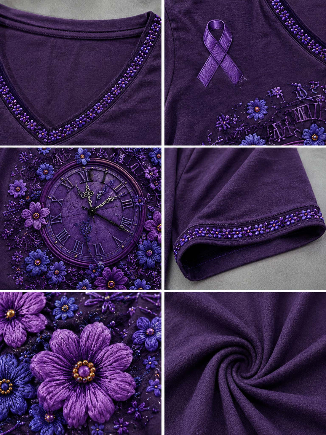 Women's purple V-neck t-shirt featuring vintage clock and floral graphic with purple awareness ribbon and decorative cuff trim.