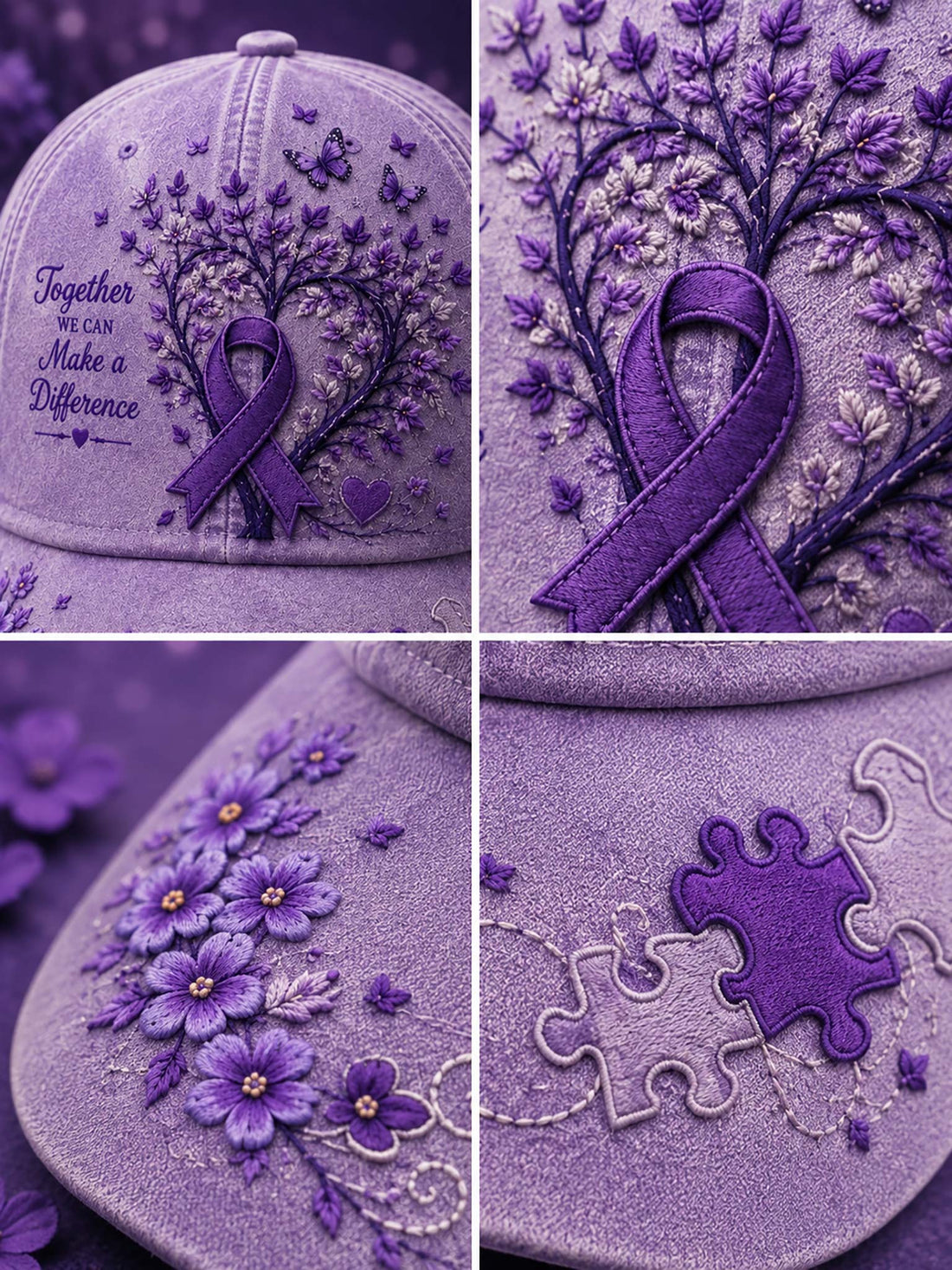 A lavender-purple baseball cap with embroidered purple flowers, butterflies, a ribbon, and the phrase 'Together We Can Make a Difference' on the front, shown against a soft purple background with a blurred candle and lavender sprigs.