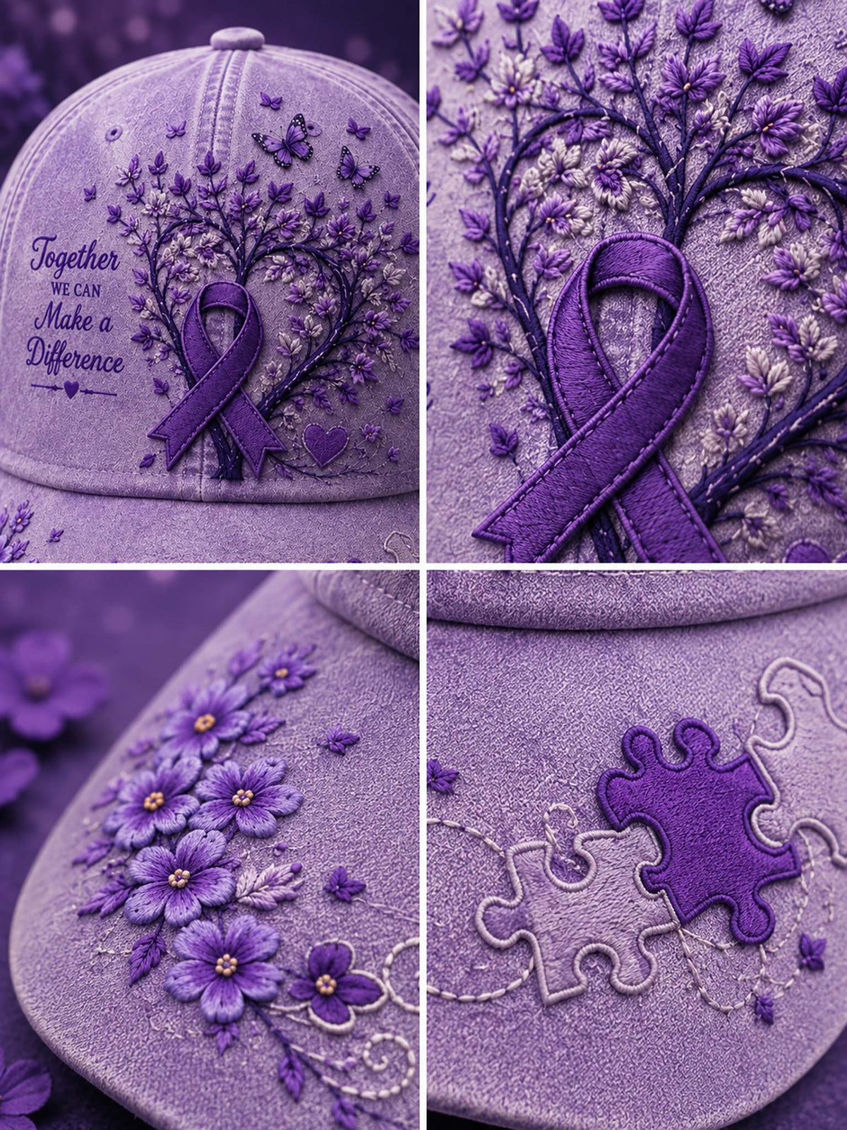 A purple embroidered baseball cap shown in a four-panel collage, featuring a large purple awareness ribbon, floral embroidery, puzzle-piece embroidery, butterflies, and the phrase 'Together We Can Make a Difference'.