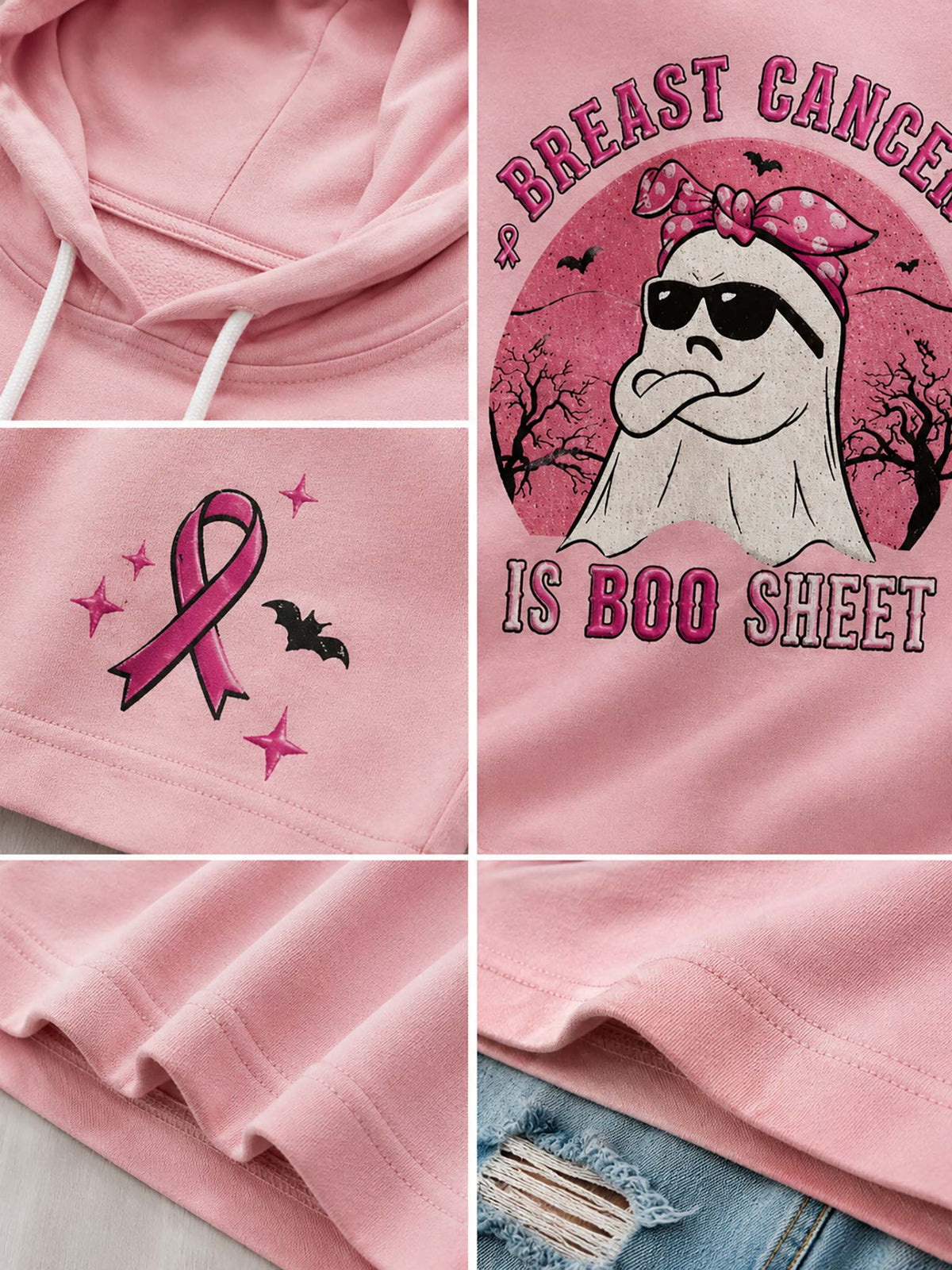 Pink hoodie shown in a four-panel collage with close-ups of the hood, a pink breast cancer ribbon graphic, a ghost graphic with the text 'Breast Cancer is Boo Sheet,' and fabric details including drawstrings and a hem.