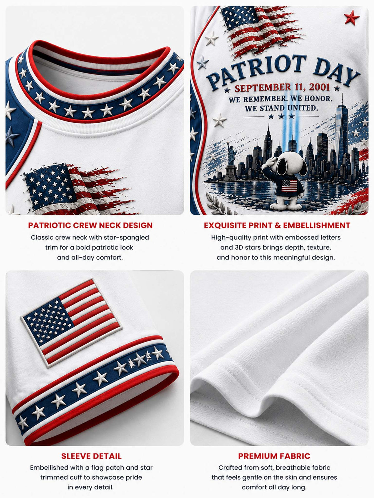 A four-panel product detail graphic showing a patriotic crew-neck T-shirt. The top-left panel shows the crew neck with red, white, and blue star-pattern trim.
