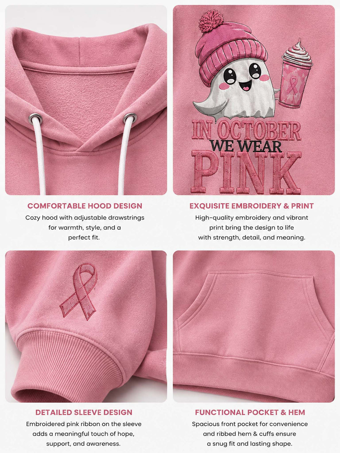 A person wearing a pink pullover hoodie with a graphic that reads 'IN OCTOBER WE WEAR PINK' and a cartoon ghost in a pink hat holding a pink drink. Pink awareness ribbons appear on both sleeves, and the person is also wearing white pants.