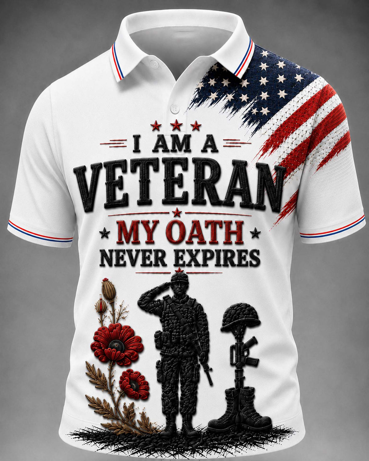 White short-sleeve polo shirt with a patriotic veteran graphic print featuring the text 'I AM A VETERAN MY OATH NEVER EXPIRES' and military-themed illustrations including a saluting soldier, helmet, rifle, flowers, and an American flag motif on the shoulder.
