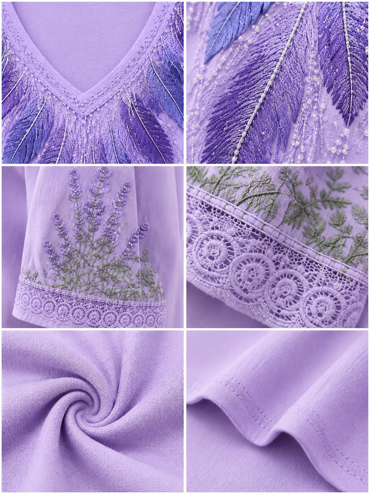 A six-panel close-up collage of a lavender-purple garment, showing feather embroidery, floral embroidery, lace trim, fabric texture, and a smooth fabric panel.