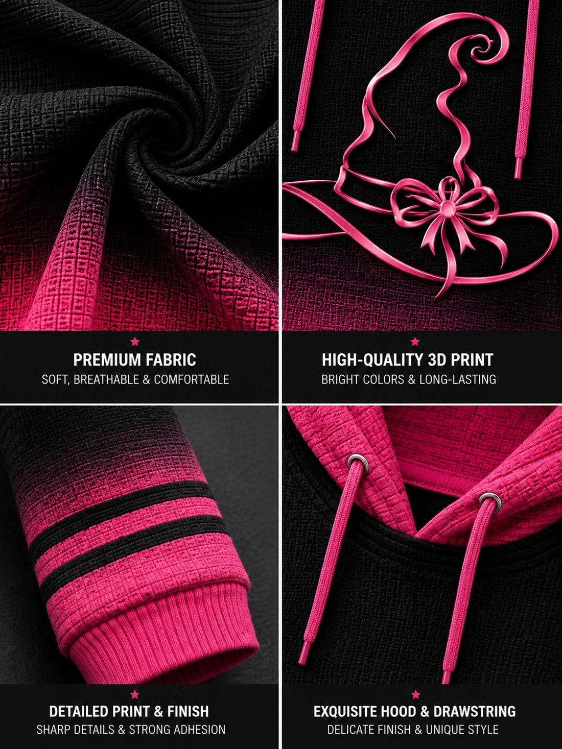 A woman wearing a black and pink ombre hoodie with a large pink witch hat and ribbon graphic on the front, paired with dark jeans.