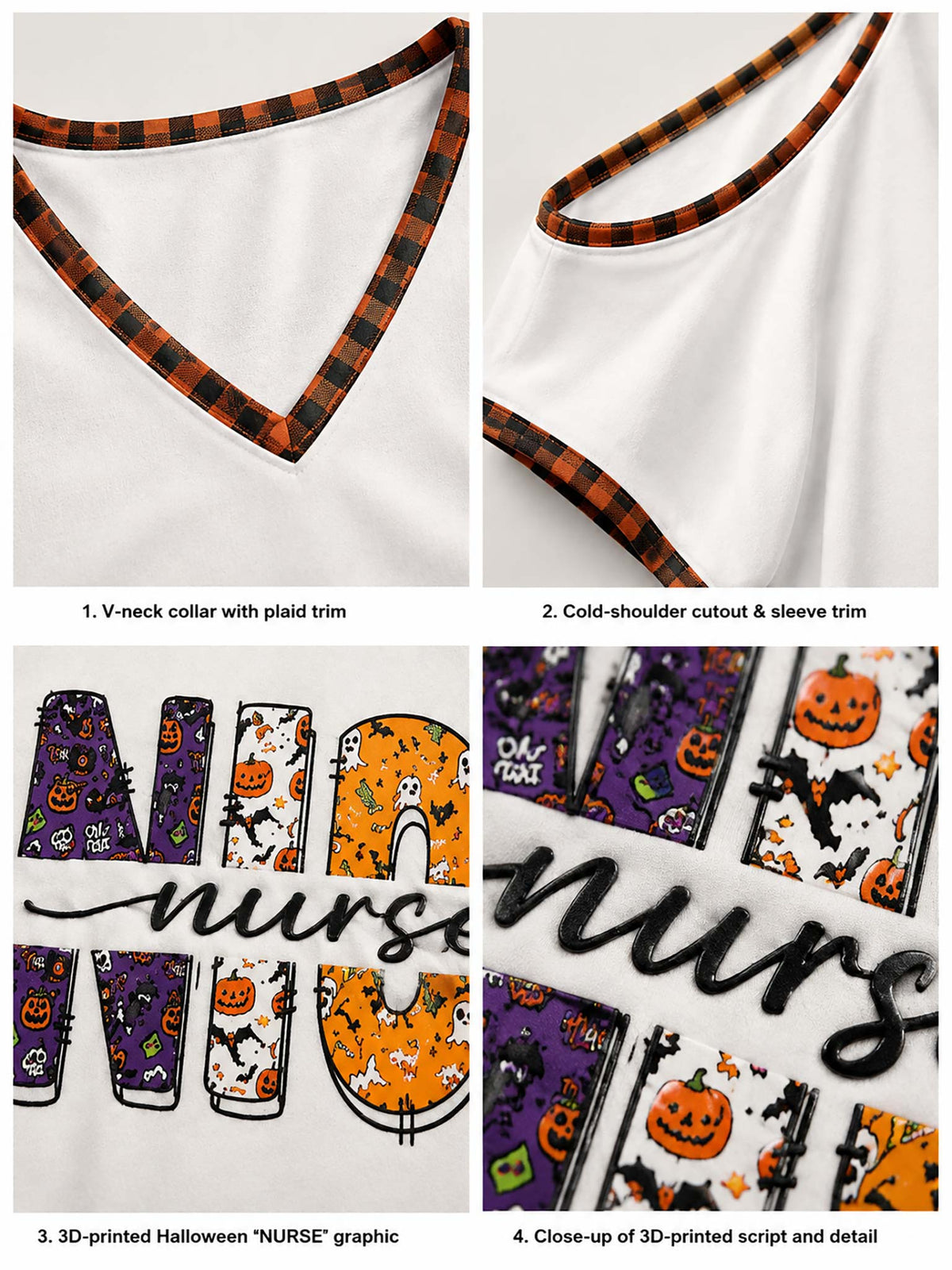 Four-panel product detail collage showing a white garment with Halloween-themed trim and printed lettering. The top panels show a plaid V-neck collar and a cold-shoulder sleeve cutout with orange/black plaid trim.