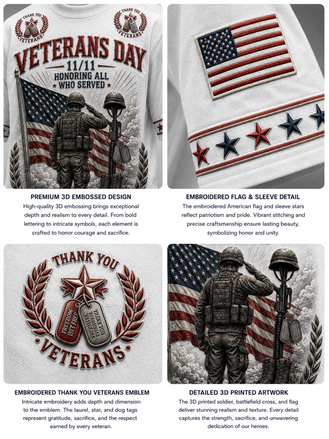 A white short-sleeve graphic t-shirt featuring a detailed Veterans Day design. The graphic includes a saluting soldier, an American flag, dog tags, laurel wreaths, and patriotic text reading 'VETERANS DAY 11/11 HONORING ALL WHO SERVED' and 'THE PRICE OF FREEDOM IS NEVER FREE FOREVER WE REMEMBER 2026'.