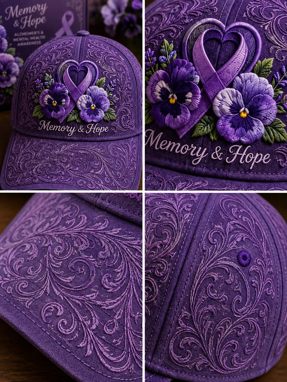 A purple embroidered baseball cap shown in a four-panel collage, featuring a purple awareness ribbon, purple and white pansies, green leaves, and the words 'Memory & Hope.' The cap has ornate embossed scrollwork across the front and brim, and one panel shows the side crown and button detail.