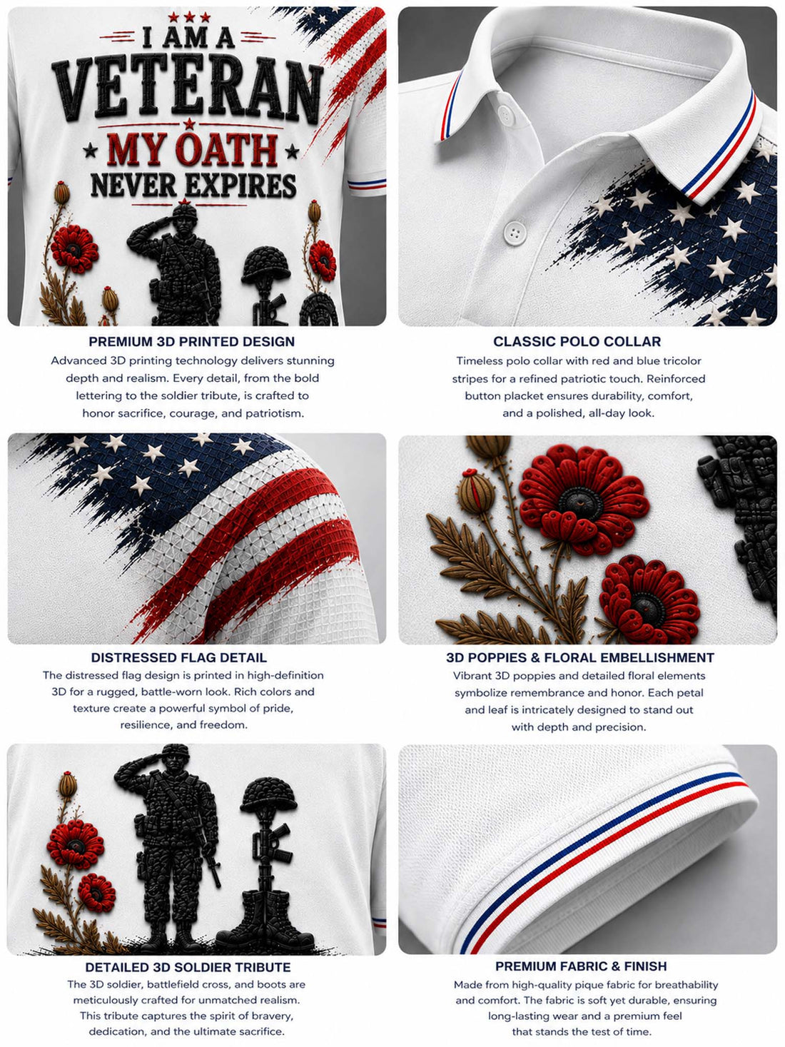 White short-sleeve polo shirt with a patriotic veteran graphic print featuring the text 'I AM A VETERAN MY OATH NEVER EXPIRES' and military-themed illustrations including a saluting soldier, helmet, rifle, flowers, and an American flag motif on the shoulder.