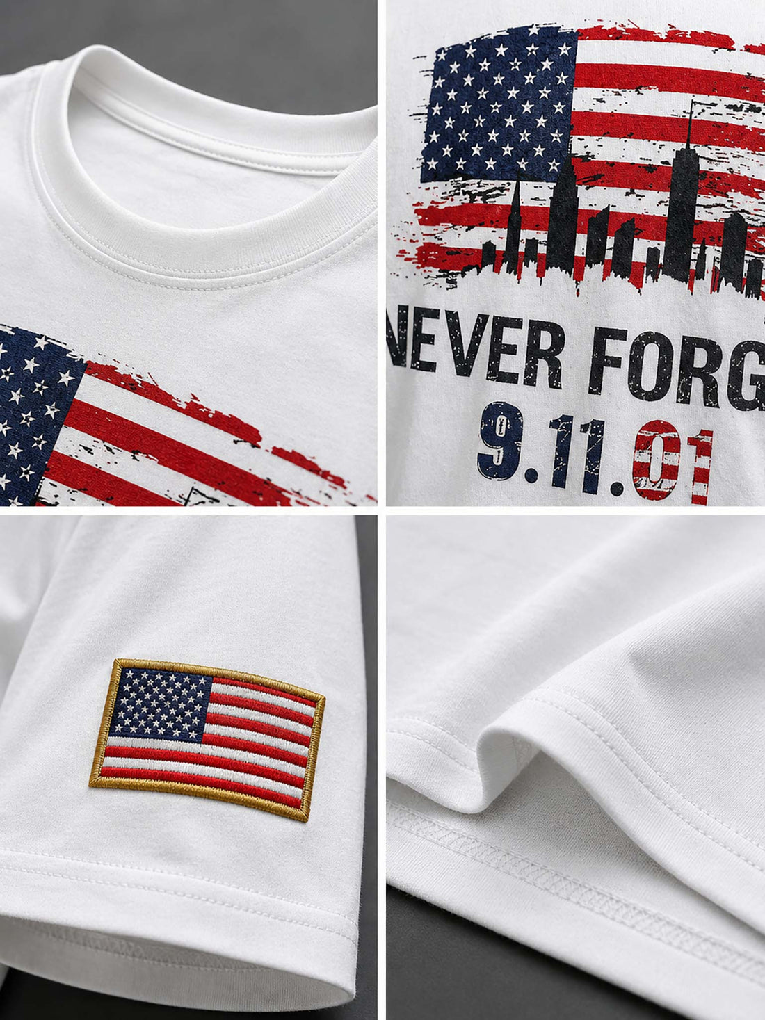 White short-sleeve t-shirt with a distressed American flag and city skyline graphic on the chest, with 'NEVER FORGET 9.11.