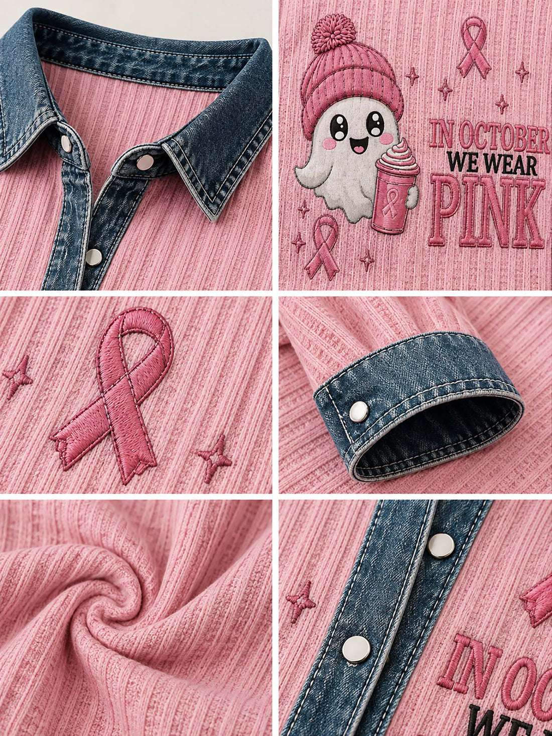 A woman wearing a pink long-sleeve button-up shirt with a denim collar and cuffs, featuring a cute ghost graphic and the text 'IN OCTOBER WE WEAR PINK' on the front.