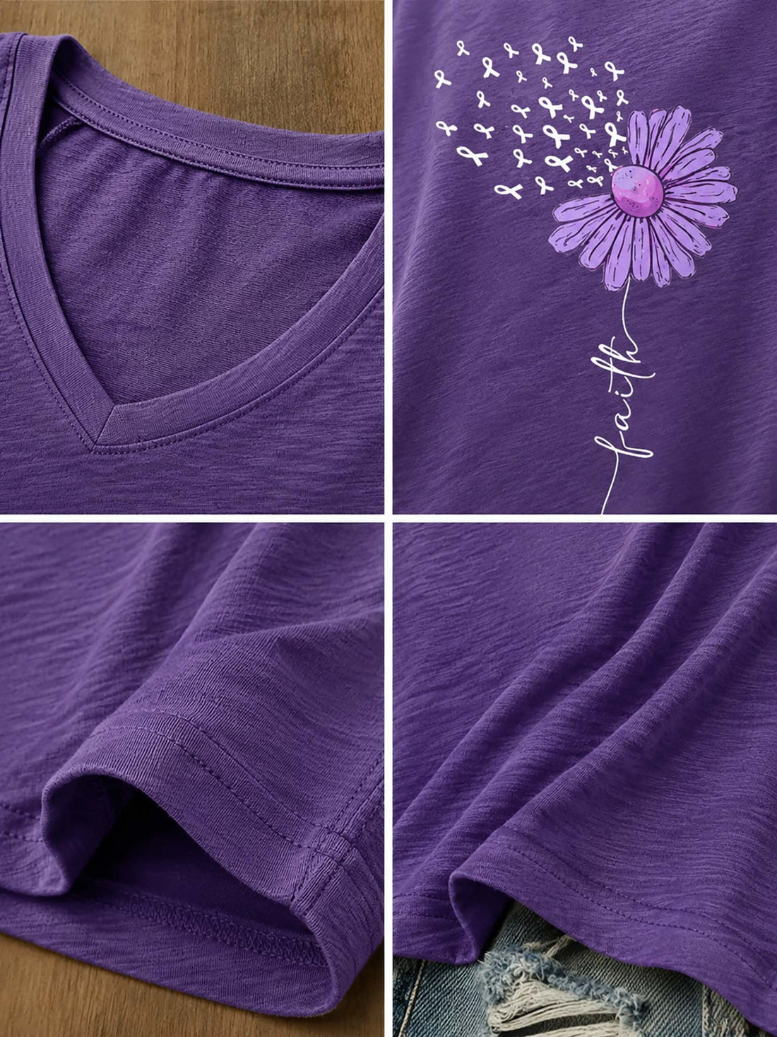 A woman wearing a purple short-sleeve V-neck t-shirt with a dandelion graphic and the word 'faith' printed on the front, paired with distressed denim shorts and carrying a patterned shoulder bag.