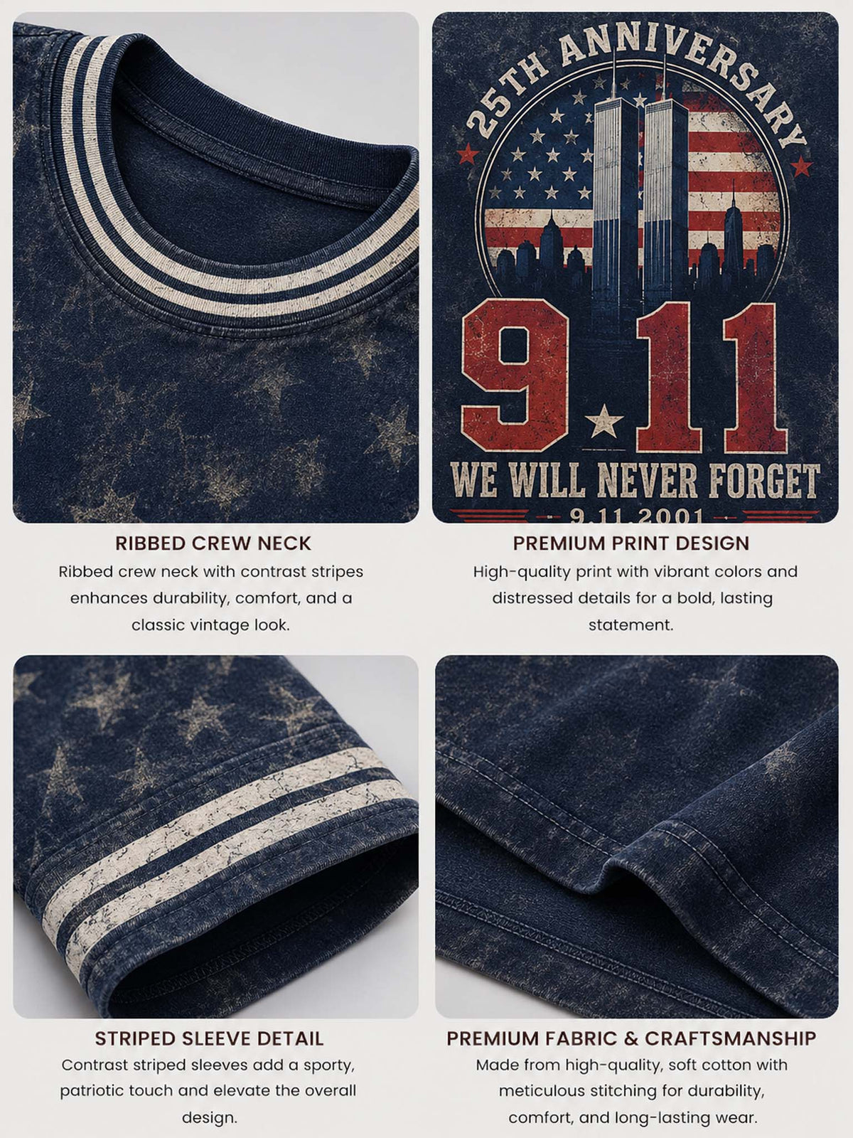 A 2x2 collage showing close-up details of a navy distressed t-shirt: ribbed crew neck with cream stripes, a distressed '911 25th Anniversary We Will Never Forget' graphic print, striped sleeve detail, and premium fabric craftsmanship.