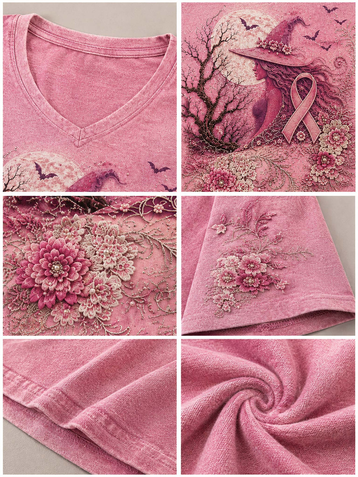 Six-panel collage showing a pink V-neck top and matching fabric details, including a printed witch illustration with a pink ribbon, floral embroidery, folded edges, and a swirled texture close-up.
