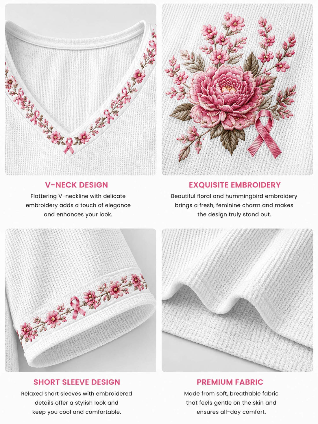 A woman wearing a white waffle-knit V-neck top with pink floral and hummingbird embroidery, paired with distressed blue jeans.