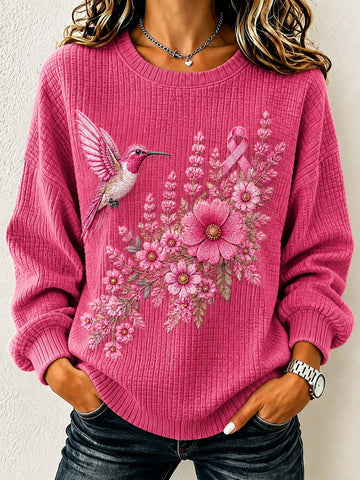 A woman wearing a pink ribbed knit sweater with a large floral and hummingbird graphic on the front, paired with dark jeans.