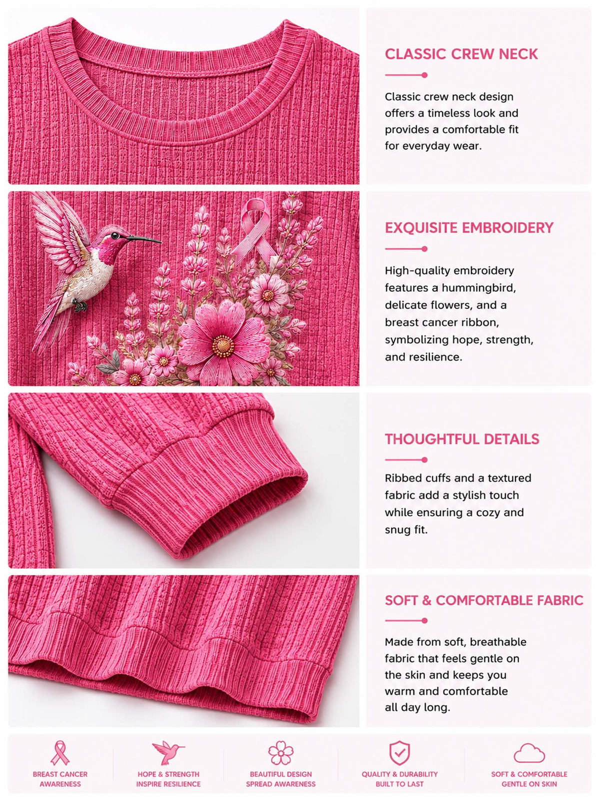 A pink ribbed knit sweater shown in a four-panel feature infographic with text callouts about the crew neck, embroidery, cuffs, and fabric comfort. The sweater has a large floral and hummingbird embroidery design on the front.