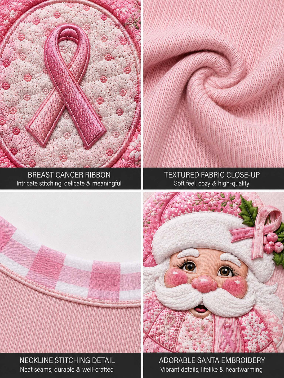 A four-panel close-up collage of a pink embroidered garment, showing a breast cancer ribbon patch, textured fabric, neckline stitching, and an adorable Santa face embroidery.