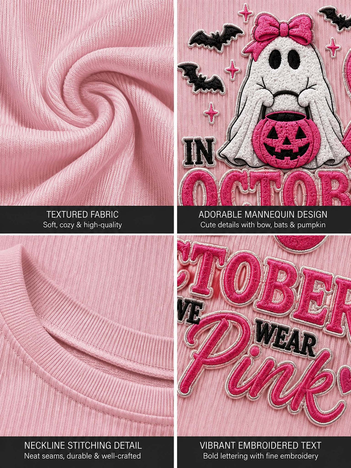 A four-panel product detail collage for a pink embroidered fabric design. The top-left panel shows the fabric texture swirled into folds.