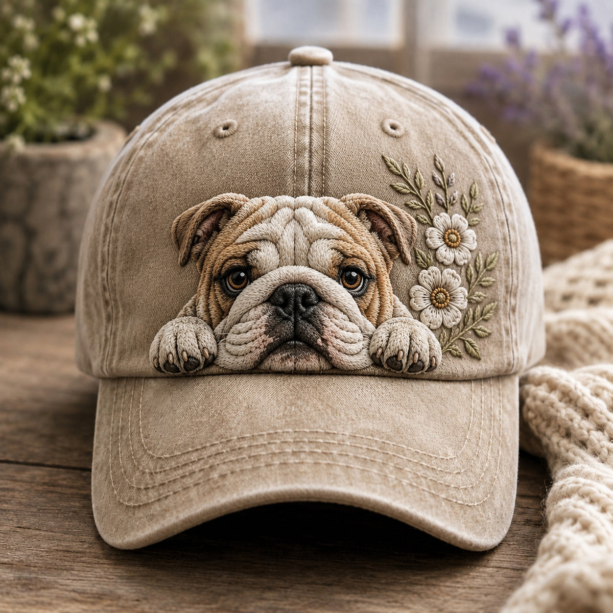 A beige baseball cap with an embroidered bulldog face and white flowers on the front, resting on a wooden surface with a cozy knit blanket nearby.