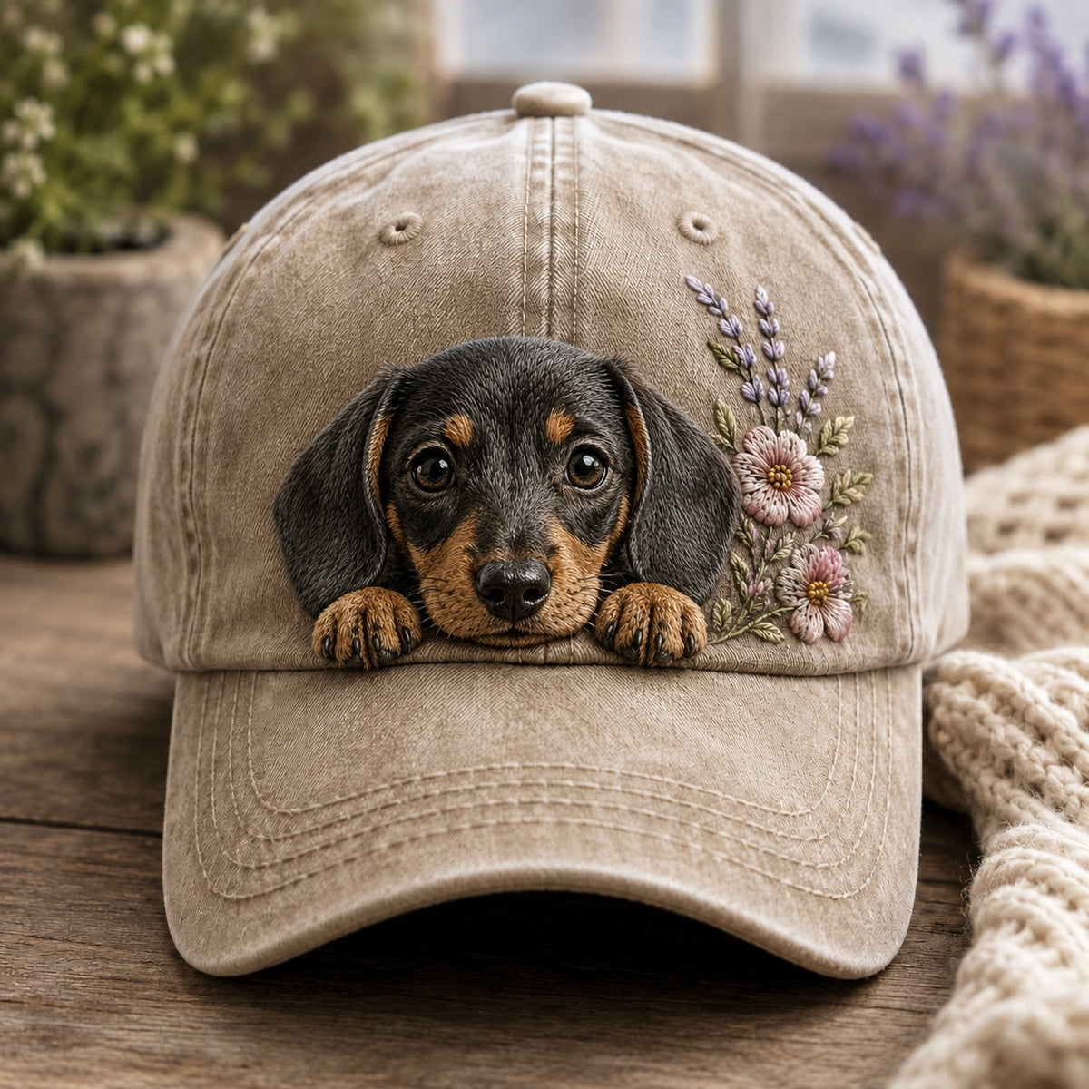 A beige baseball cap with a realistic embroidered dachshund face and pink flowers on the front, displayed on a wooden surface with a cozy knit blanket and blurred plants in the background.