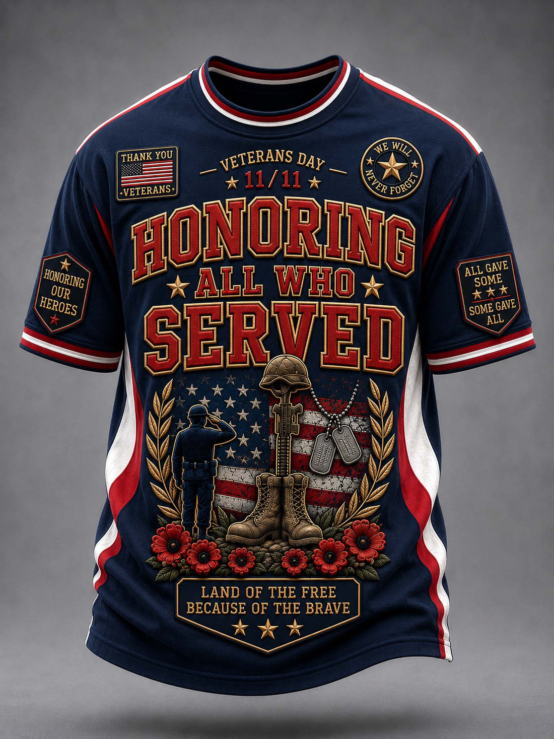 A navy blue short-sleeve t-shirt with a detailed Veterans Day graphic on the front. The graphic features the text 'HONORING ALL WHO SERVED' in red and gold, alongside a patriotic design with an American flag, a kneeling soldier, military boots, and red poppies.
