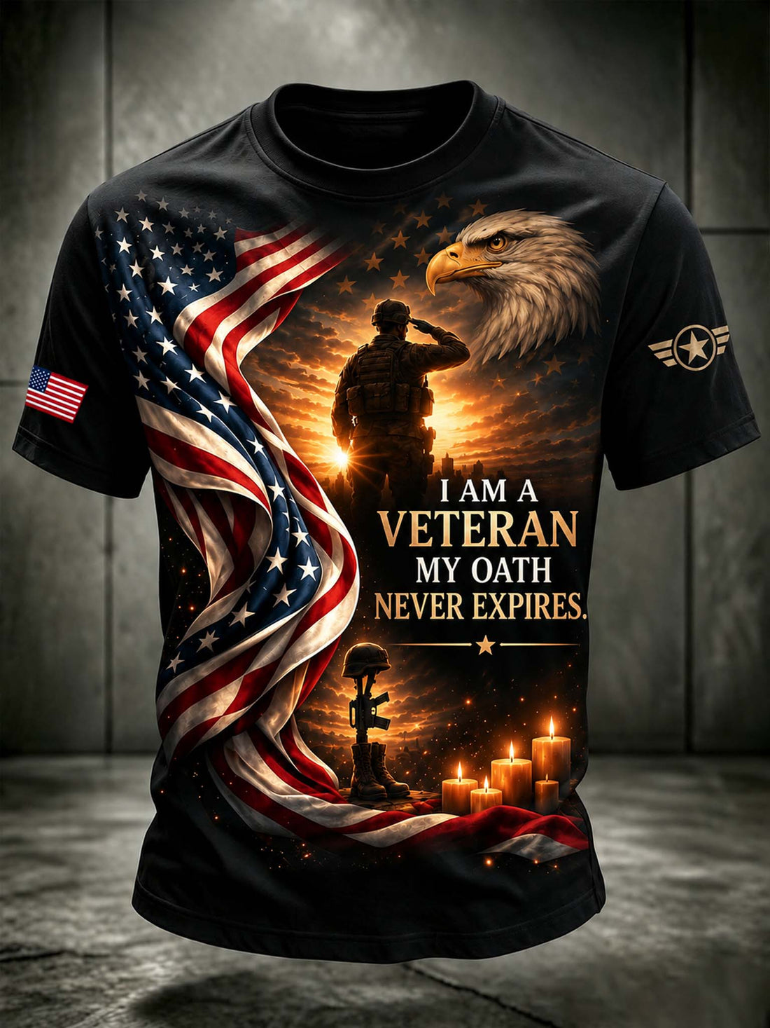 A black short-sleeve graphic T-shirt displayed against a dark gray studio background. The shirt features a large patriotic design with a waving American flag, an eagle head, a saluting soldier silhouette, candles, and the text 'I AM A VETERAN MY OATH NEVER EXPIRES.