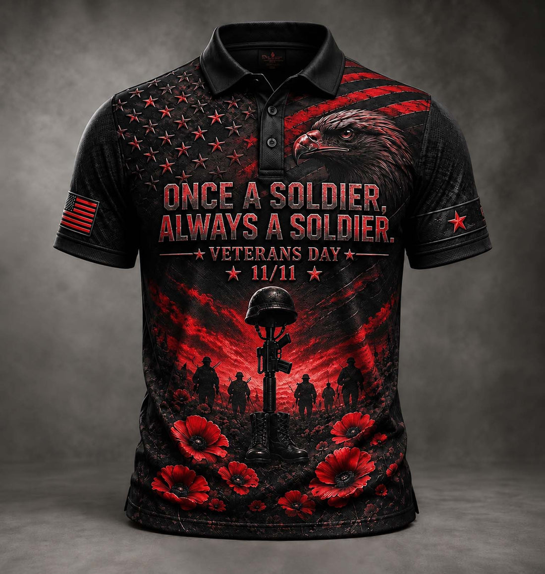 A short-sleeve polo shirt with a patriotic Veterans Day graphic. The design features a black eagle, red and white distressed American flag elements, a soldier helmet and rifle silhouette, red poppy flowers, and the text 'ONCE A SOLDIER, ALWAYS A SOLDIER.