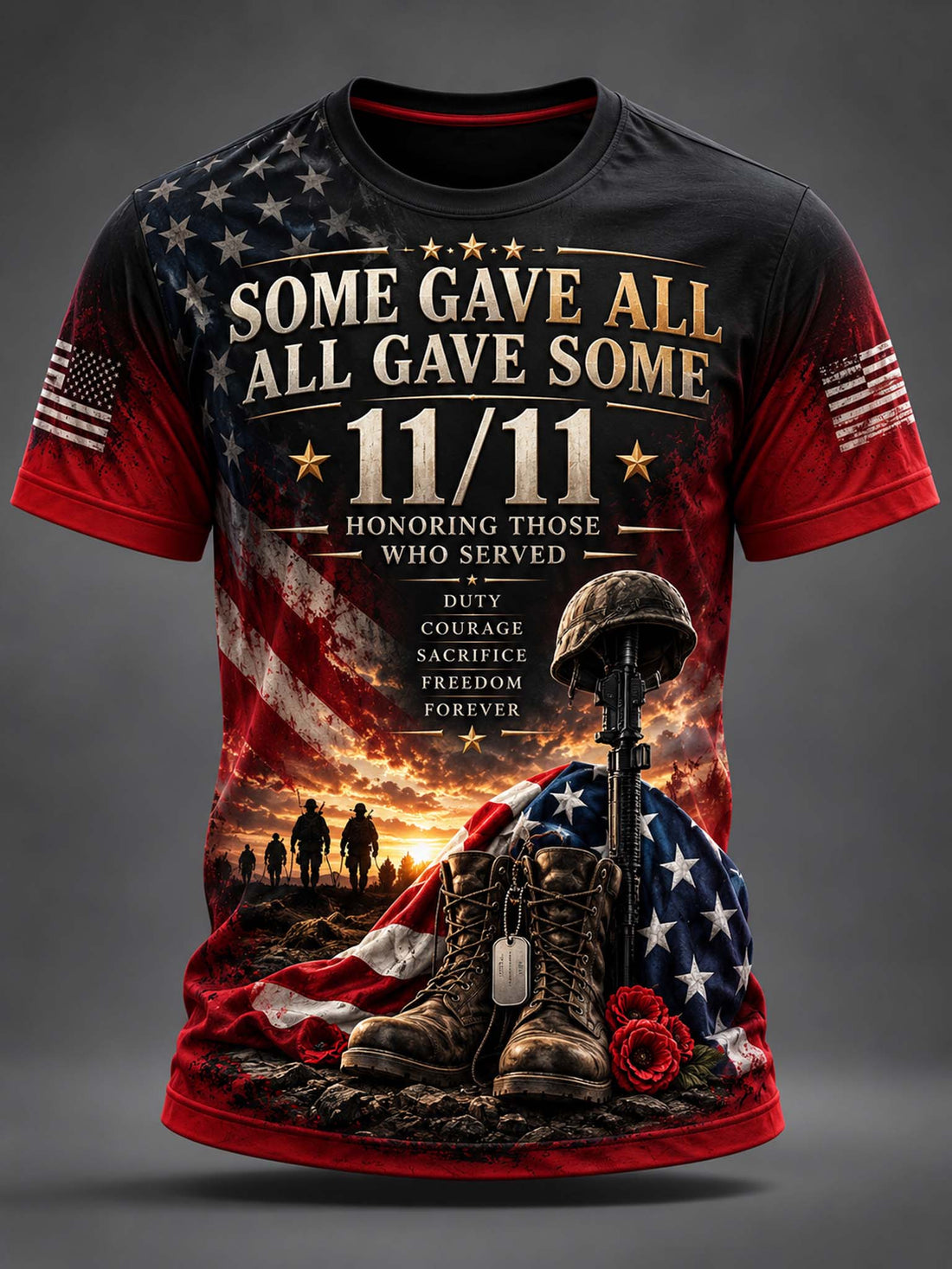 A patriotic 11/11 memorial graphic t-shirt featuring a distressed American flag design, military helmets and boots, soldiers, and roses on a dark gray background.