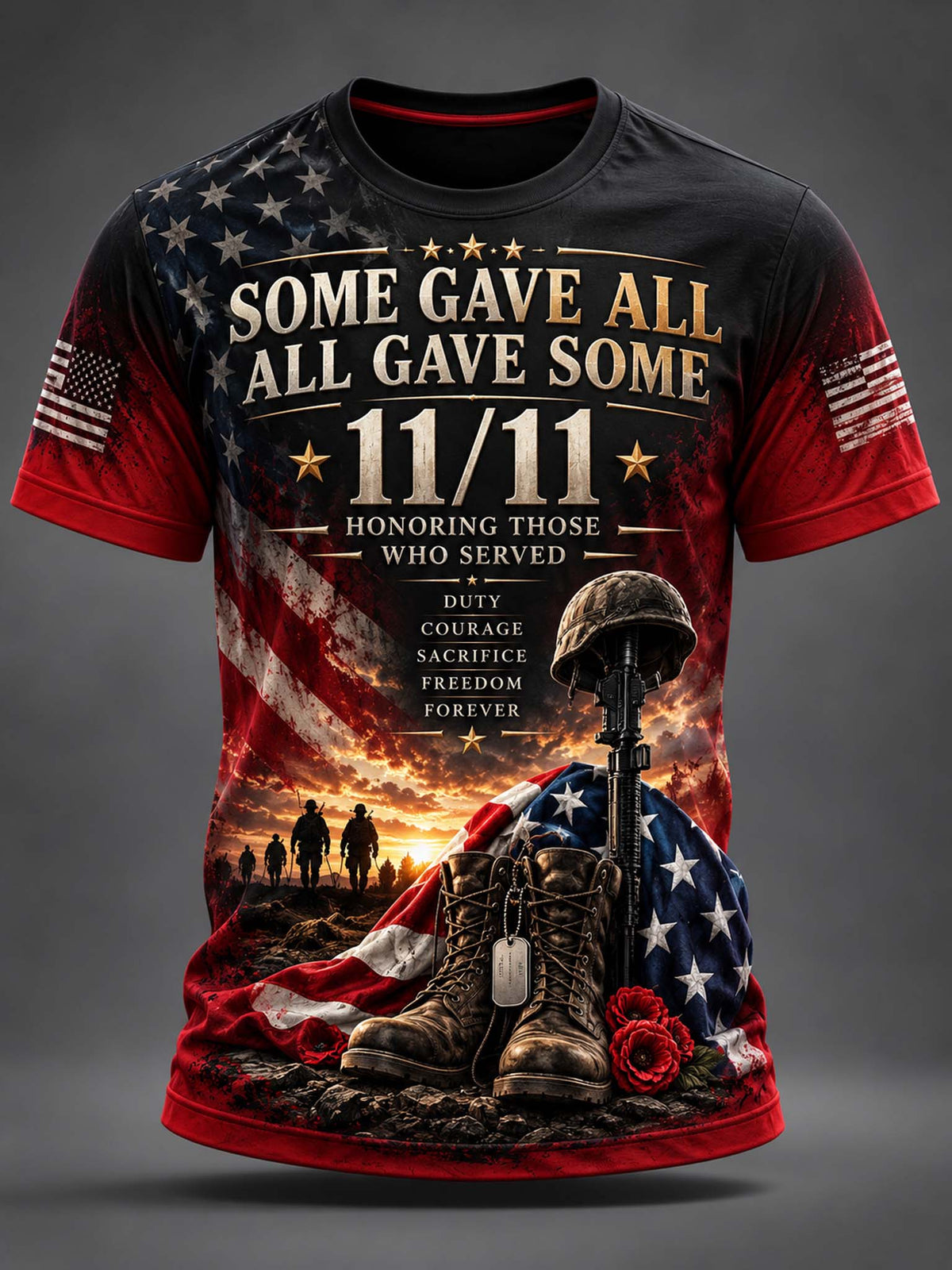A patriotic 11/11 memorial graphic t-shirt featuring a distressed American flag design, military helmets and boots, soldiers, and roses on a dark gray background.