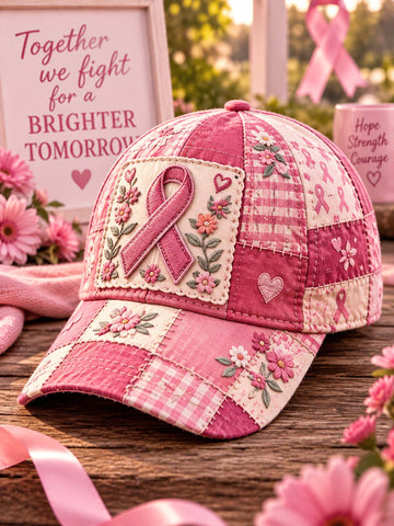 A pink and white patchwork baseball cap with floral embroidery and a central pink ribbon applique, displayed on a wooden surface with pink flowers, ribbons, and supportive sign props.