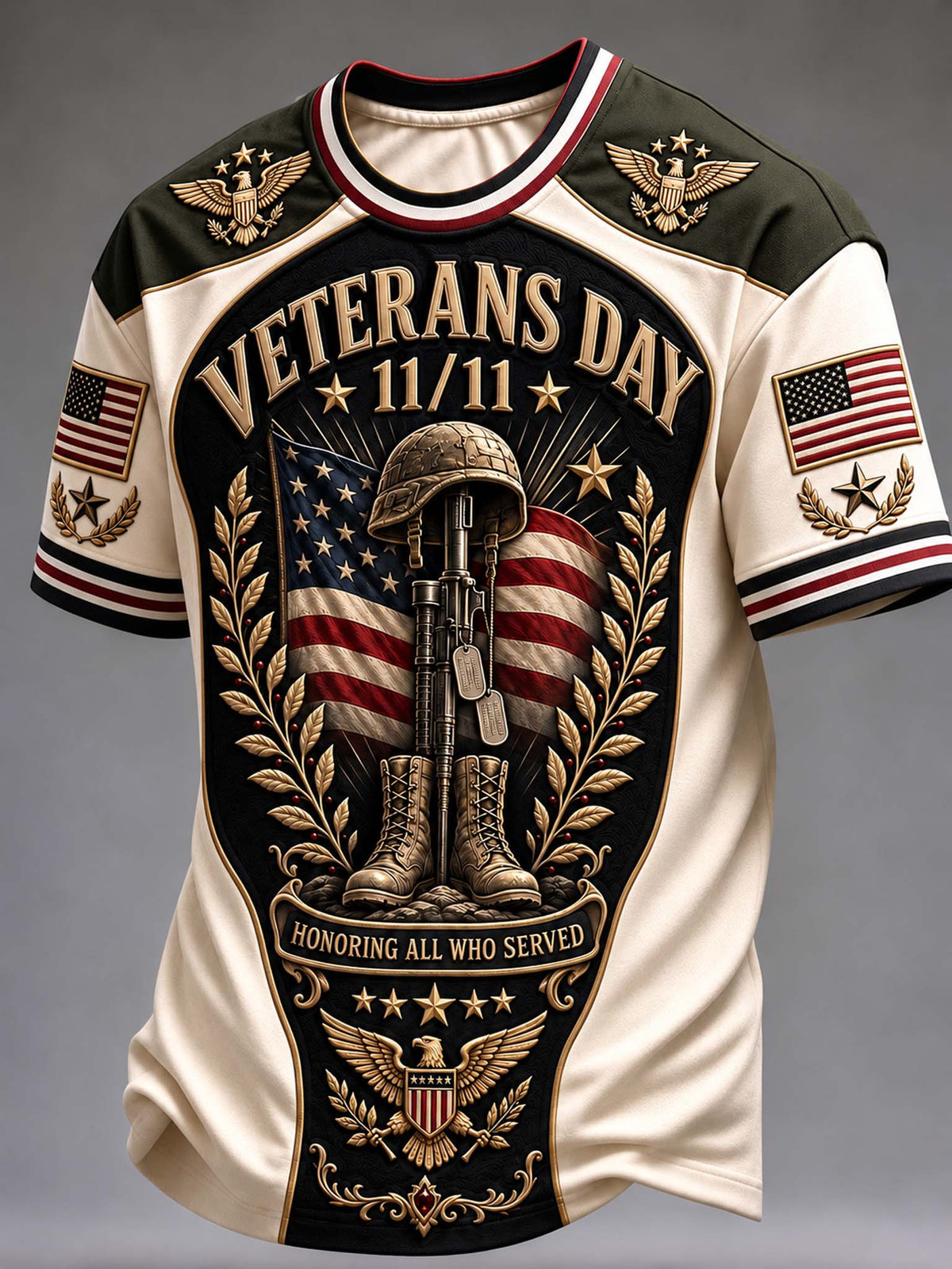 A short-sleeve crewneck t-shirt featuring a large Veterans Day graphic. The shirt has a cream and dark olive green base with a black central panel, decorated with a military-style eagle emblem, an American flag, a combat helmet, rifle, and combat boots, and the text 'VETERANS DAY 11/11' and 'HONORING ALL WHO SERVED'.