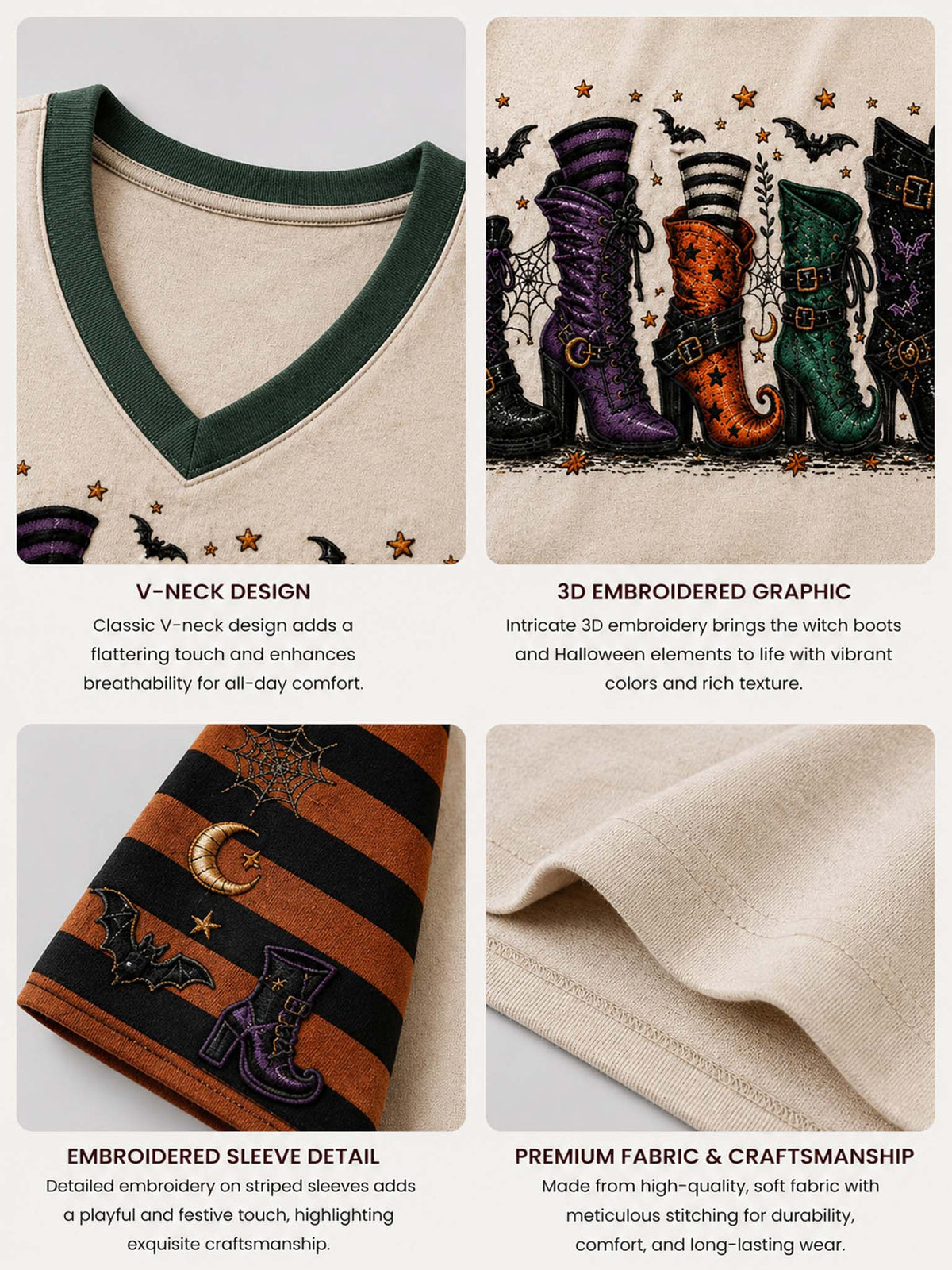 A four-panel product feature collage for a V-neck sweatshirt. The top-left panel shows a close-up of the dark green V-neck collar on a beige fabric.