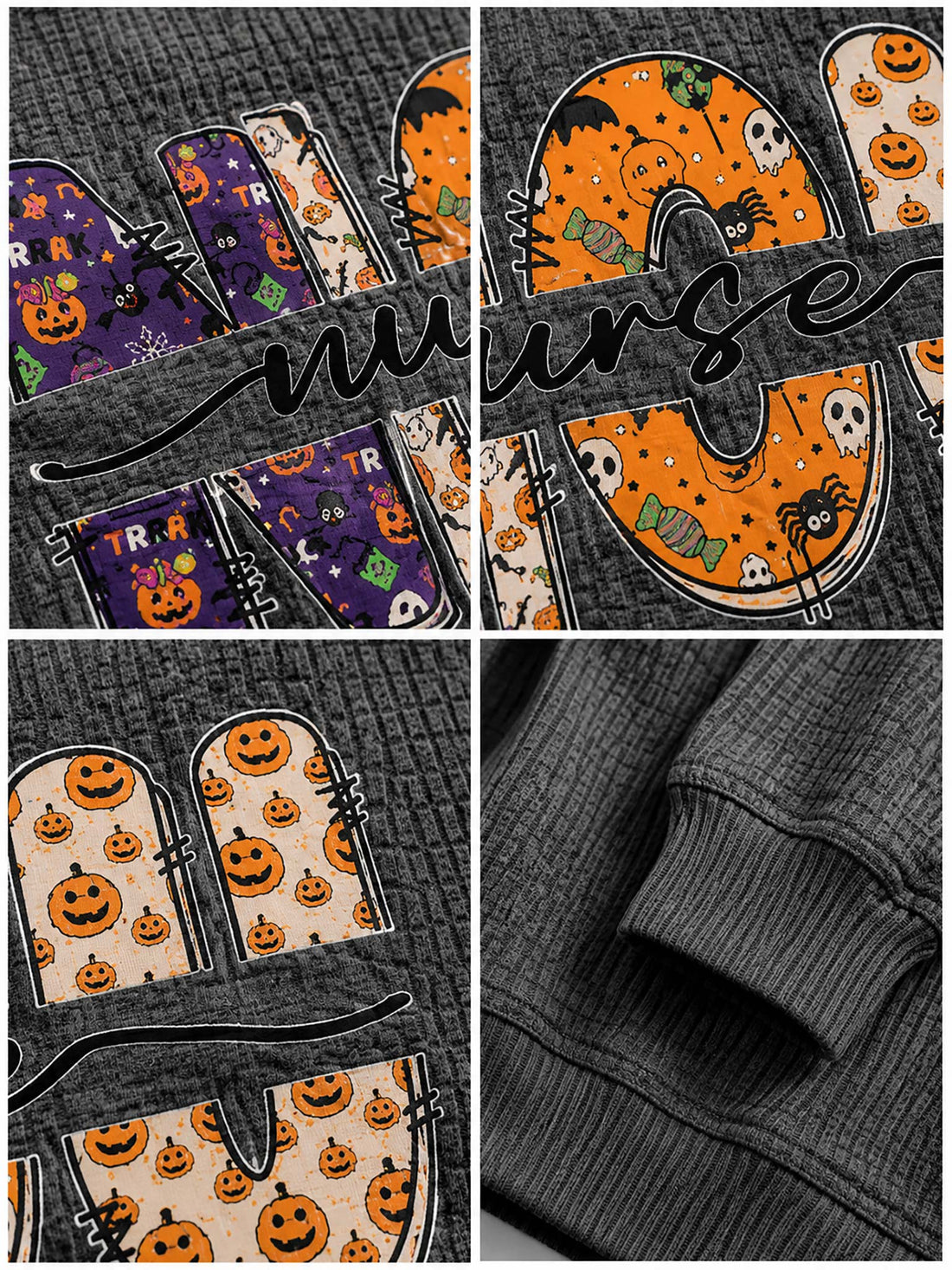 A woman wearing a dark gray waffle-knit crewneck sweatshirt with a 'MOON NURSE' graphic across the chest. The letters of 'MOON' feature Halloween-themed patterns including pumpkins, ghosts, and spiderwebs, while 'NURSE' is written in black script.