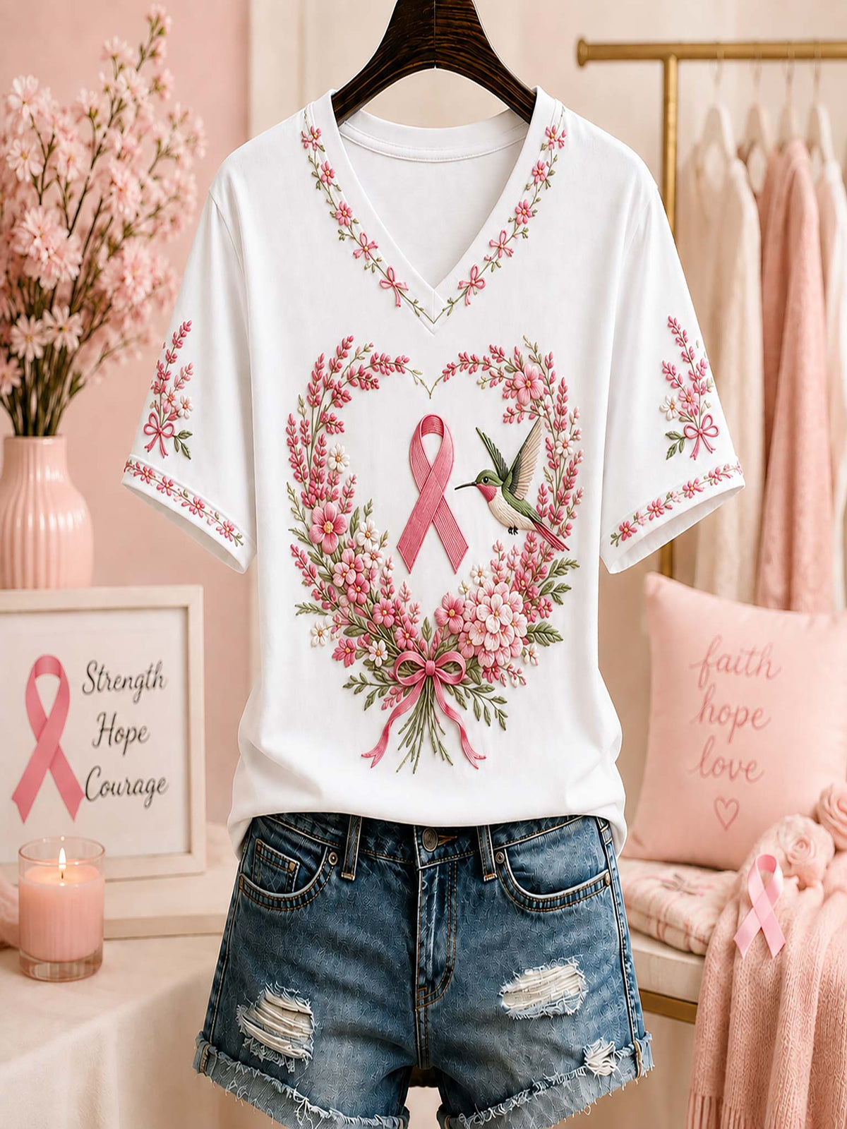 White short-sleeve V-neck T-shirt with pink floral embroidery and a central pink ribbon wreath design, styled on a hanger with blue denim shorts in a soft pink bedroom setting.