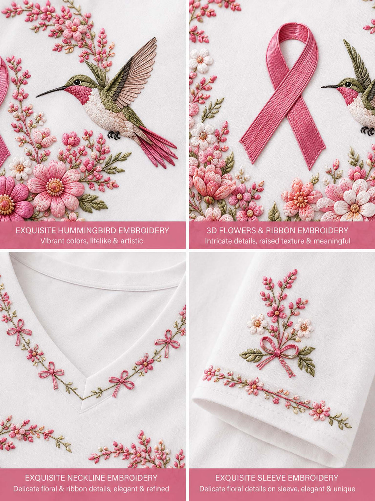 Four-panel close-up collage of white embroidered clothing details, featuring a hummingbird motif, pink flowers, ribbon embroidery, floral trim around a V-neckline, and sleeve embroidery on a white fabric.