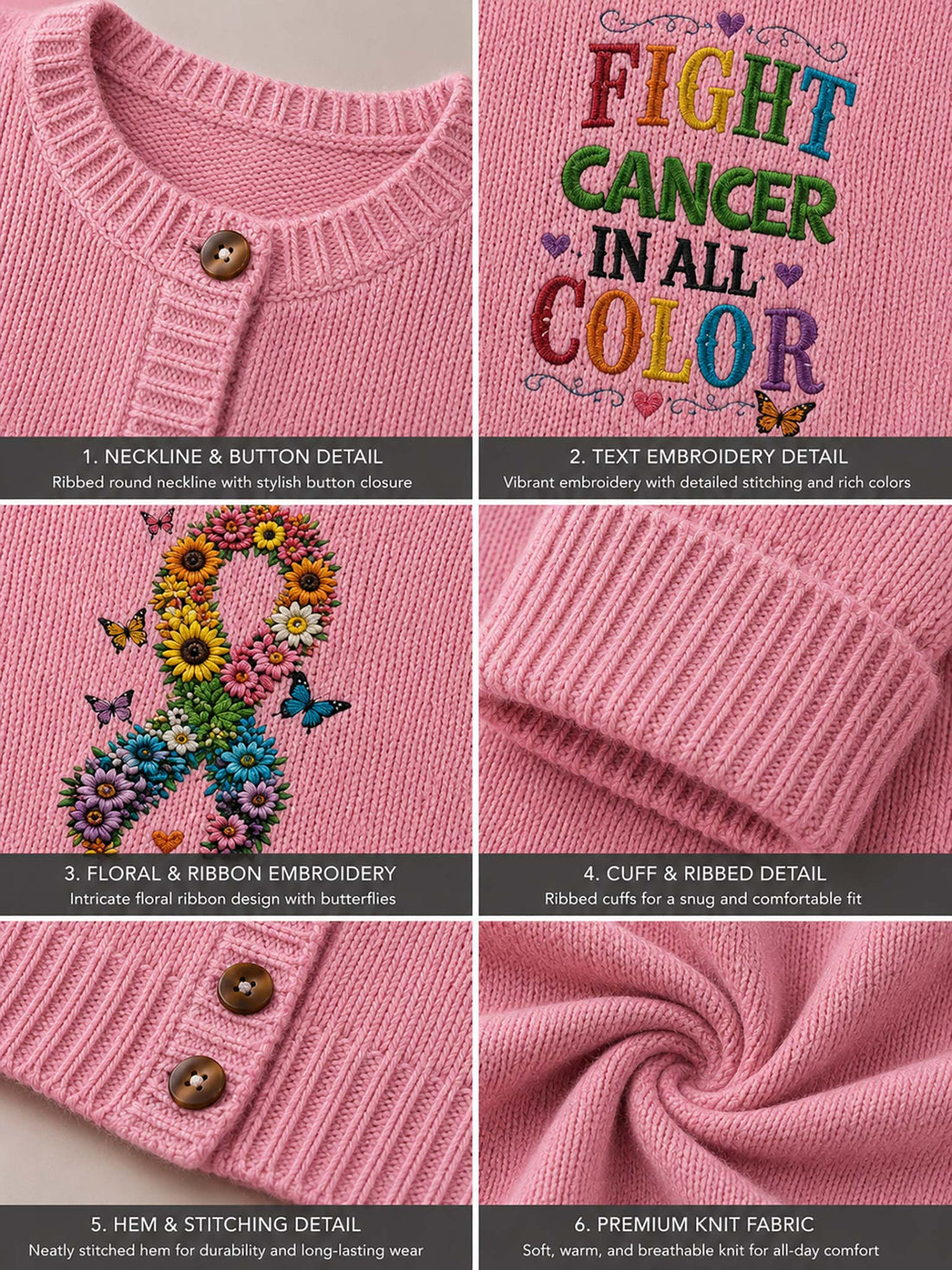 Six-panel close-up collage of a pink knitted sweater showing neckline and button detail, colorful text embroidery reading 'FIGHT CANCER IN ALL COLOR,' floral and ribbon embroidery, cuff detail, hem and stitching, and soft knit fabric texture.