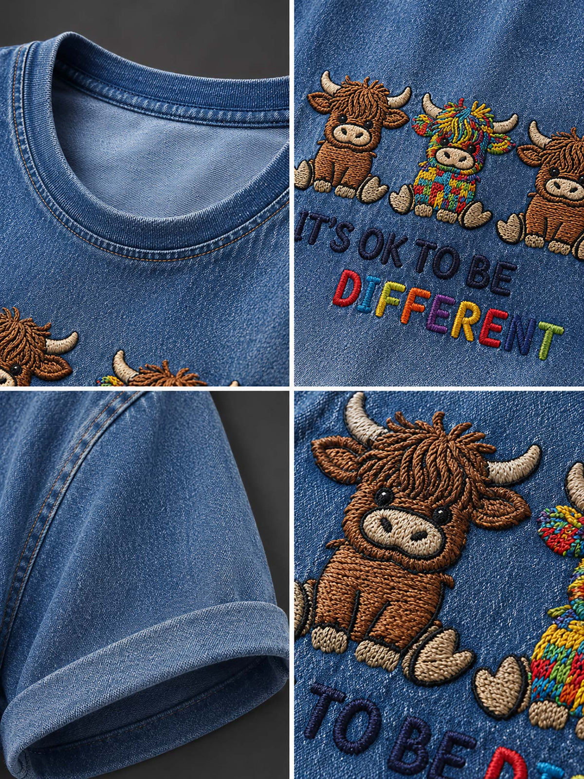 A blue denim t-shirt featuring embroidered highland cows and the text 'IT'S OK TO BE DIFFERENT' in multicolor thread, shown in a four-panel detail collage.