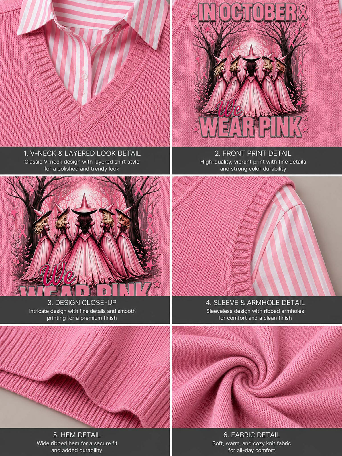 A six-panel product detail collage showing close-up views of a pink knit top with a striped shirt collar, front graphic print, ribbed hem, sleeve construction, and fabric texture. The panels include labeled callouts such as 1.