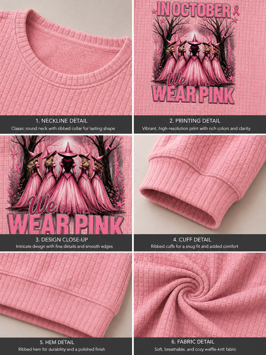 A woman wearing a pink waffle-knit crewneck sweatshirt with a 'We Wear Pink' graphic featuring pink-cloaked figures in a forest. The sweatshirt has long sleeves and ribbed cuffs and hem, paired with dark blue jeans.