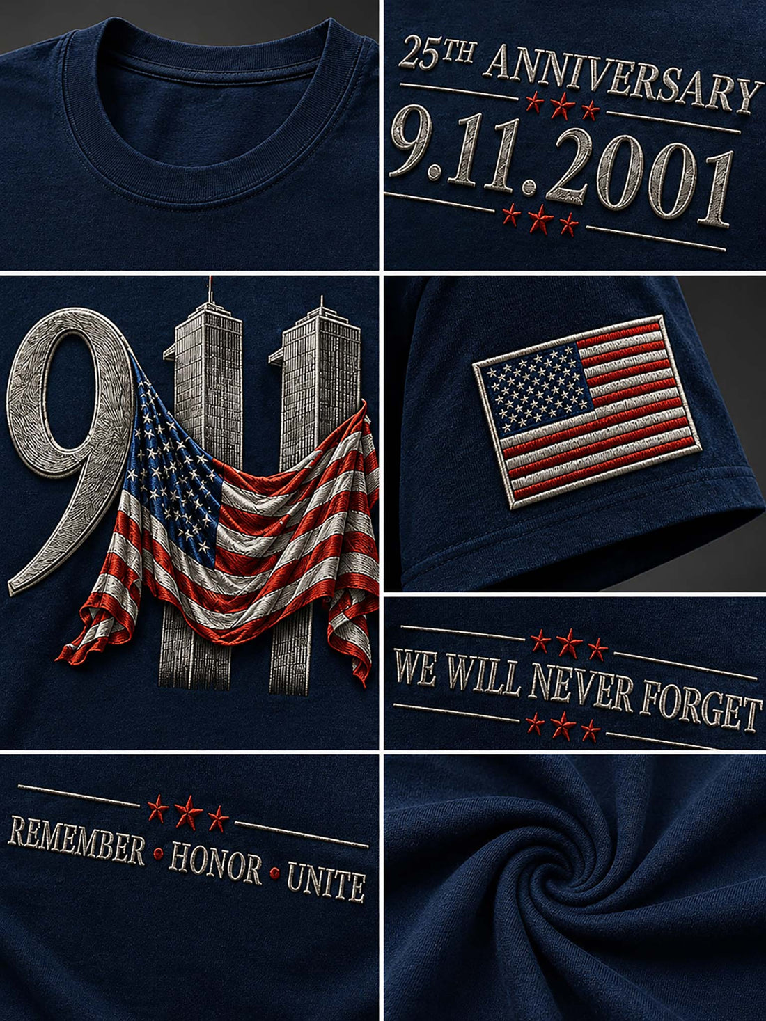 A navy blue short-sleeve t-shirt with a detailed 9/11 memorial graphic. The graphic features the text '25th Anniversary 9.